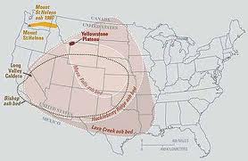 Comparaison entre diverses éruptions volcaniques.Remarquez que le mont St-Helens ressemble à un nain au côté de Yellowstone.