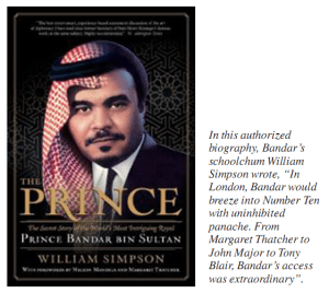 2006 biographie semi-autorisée du prince Bandar, le prince-Histoire secrète de la plus intrigante royale dans le monde , par son ami de longue date Colombie William Simpson , décrit les caractéristiques «uniques» de l'Al-Yamamah troc accord en langue incroyablement brutale.