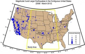 La carte des séismes en relation avec le fracking,en Amérique./ Map of earthquakes related to fracking in America.