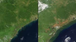 Les conséquences d'une catastrophe naturelle: la gauche est une bande côtière au Mozambique enregistré en Février 2014. A droite: La zone après une inondation en Janvier, lorsque la rivière Licungo et autres eaux ont débordé et des régions entières ont été inondées