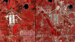 L'aéroport de Dallas est l'une des principales plaques tournantes pour les avions aux États-Unis. Photo d'un enregistrement par satellite à partir de 1974, peu de temps après l'ouverture de la Foire. L'image de droite montre l'aéroport en 2013: de nouvelles pistes, voies de circulation beaucoup plus pour les machines. L'aéroport est à 78 kilomètres carrés