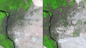La comparaison de la capitale du Caire de l'Egypte au fil du temps. Entre 1987 (à gauche) et 2014 a augmenté la population de 6 millions à 15 millions. Pour les maisons neuves droite peut être vu, la limite de la ville est prolongée.