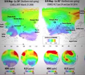 Cartes montrant la répartition des H20 et HDO (eau lourde) à travers la planète fait avec le trio de télescopes infrarouges. Crédit: NASA / GSFC 