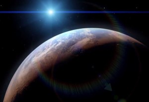 Illustration montrant Mars...jadis.L' évolution d'un monde humide pour l'actuelle où l'eau liquide ne peut pas former un étang sur sa surface sans  se vaporiser directement dans les airs de la planète. Comme Mars a perdu son atmosphère au cours des milliards d'années, l'eau restante,s'est  refroidie et condensée  pour former le nord et le sud des calottes polaires. Crédit: NASA / GSFC 