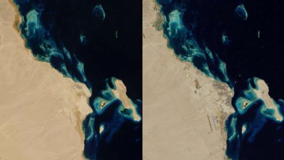 La croissance urbaine en Egypte: En Hurghada ,il ne vivait que 12 000 personnes dans les années 80 (à gauche). En 2014 (à droite), la ville est beaucoup plus grande, a plus de 250 000 habitants. Environ un million de touristes sont là chaque année pour visiter