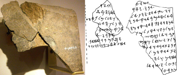 La stèle de Tel Dan ( découvert en 1993 ) est une stèle de basalte noir érigée par un roi araméen dans le nord d'Israël. Elle contient une inscription araméenne qui commémore la victoire du roi sur les anciens israélites.Les inscriptions mentionnent la Maison de David et Israël ( L'inscription a été datée du VIIIe ou IXe siècle av. J.-C. 