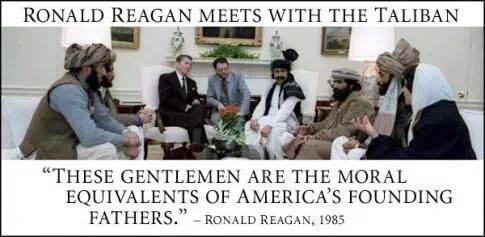 En 1985 Ronald Reagan à reçu à la maison blanche les Talibans pour une alliance et faire tomber les Russes en Afghanistan. L'histoire ce répète avec la pseudo rébellion modéré en Syrie, sauf que cette fois ci, c'est pour faire tomber le gouvernement Syrien!