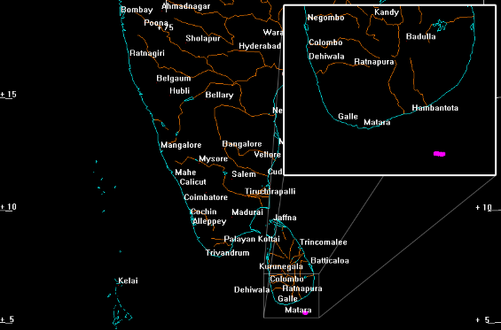 La Zone d'amerrissage de 5 km pour WT1190F, au sud du Sri Lanka, le 13 novembre 2015 à 06:20 UTC