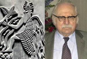 Zecharia Sitchin au-côté de sa représentation favorite du dieu Enki,notre créateur.