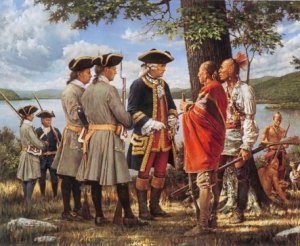 Le général Montcalm discutant avec ses alliés des Premières Nations.
