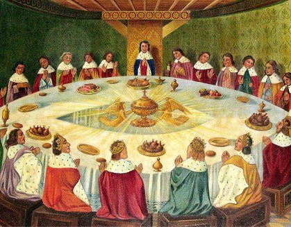 Le Saint-Graal ,d'après une ancienne gravure féodale:la Table Ronde entourée des Chevaliers.