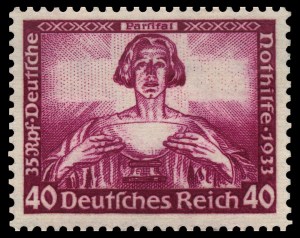 Timbre allemand de 1933,lors  de l'arrivée du Führer au pouvoir,illustrant la quête du Saint-Graal.