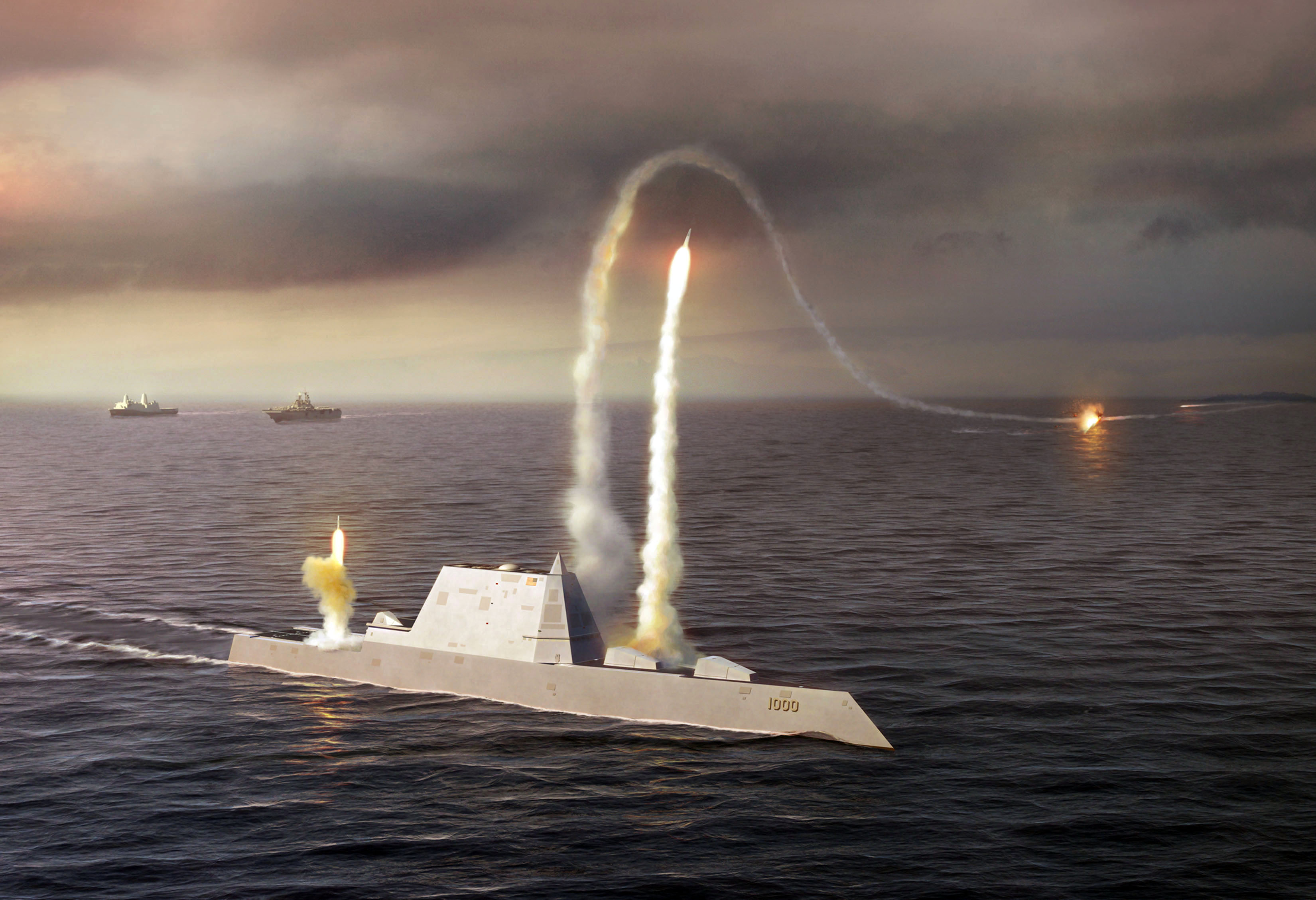 080723-N-0000X-001 An artist rendering of the Zumwalt class destroyer DDG 1000, a new class of multi-mission U.S. Navy surface combatant ship designed to operate as part of a joint maritime fleet, assisting Marine strike forces ashore as well as performing littoral, air and sub-surface warfare. (U.S. Navy photo illustration/Released)