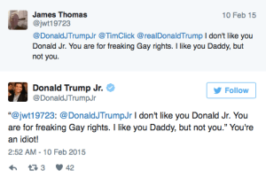 Étonnamment, l’aîné des fils Trump a fait entendre son soutien au mariage gay… ce qui n’a pas manqué de faire réagir les supporters de son père…