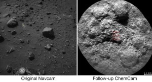 Curiosity : tir de laser sur une roche et observation du résultat grâce à la ChemCam