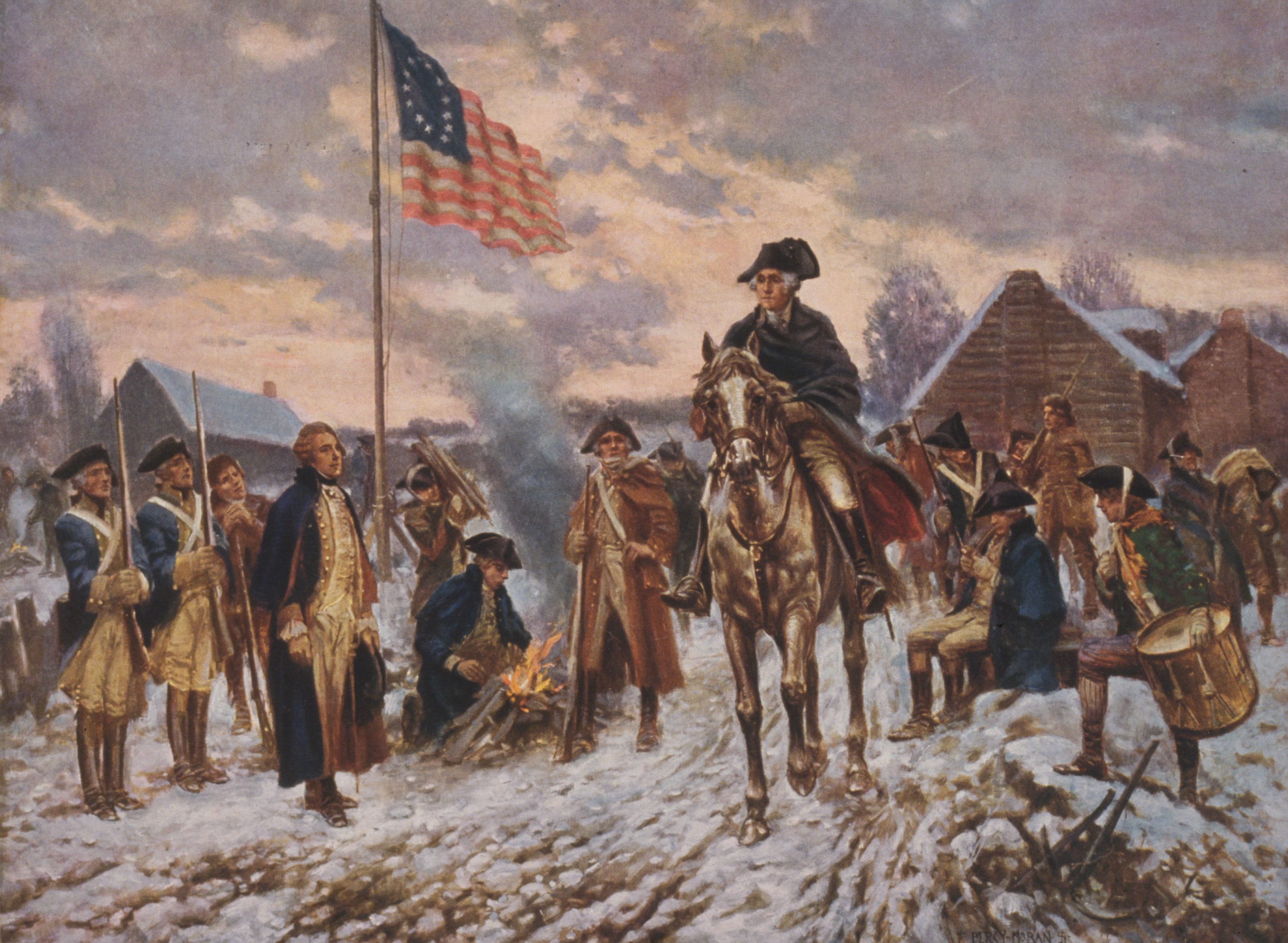 George Washington à Valley Forge ou il endura la famine et le froid avec ses hommes.