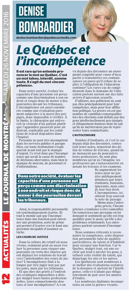 Le Québec et l'incompétence Le Journal de Montréal - 26 nov. 2016 - Page #12