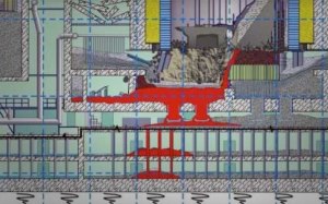 En rouge, les endroits où le corium se trouve, dans les entrailles du réacteur nr 4